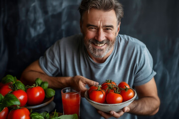 Smiling man holding a white bowl of tomatoes  with glass of tomato juice were placed nearby in a kitchen, lycopene from tomatoes support prostate health, men health concept.