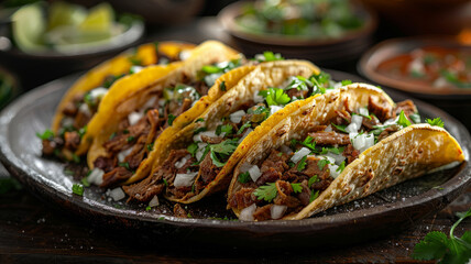 Plate of carne asada tacos with garnishes