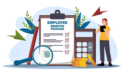 Employee benefits package. Woman with golden coins and calculator. Budgeting and accounting. Medicine, rest, insurance and salary. Cartoon flat vector illustration isolated on white background