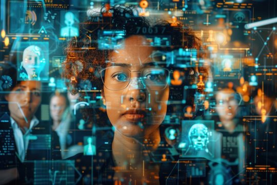 A woman wearing glasses is attentively observing a group of faces, appearing focused and intrigued by the various expressions and features in front of her