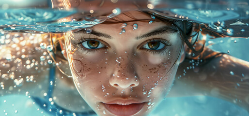 Young beautiful teen girl swimmer swimming in swimming pool, horizontal panoramic image. Sport, lifestyle - 753178912