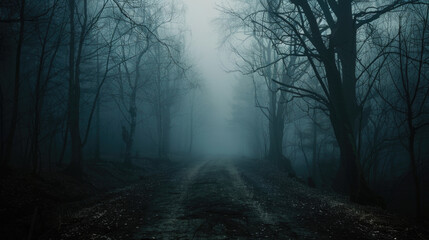 Naklejka premium Eerie Misty Forest Path during Autumn Season