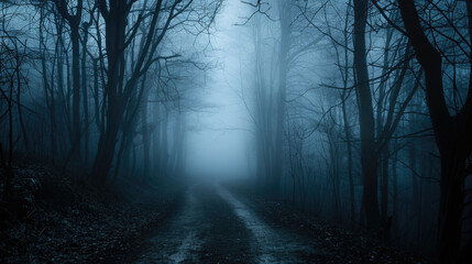 Fototapeta na wymiar Eerie Misty Forest Path during Autumn Season