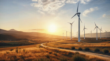 Renewable energy concept with majestic windmills against a sunset sky in tranquil landscape