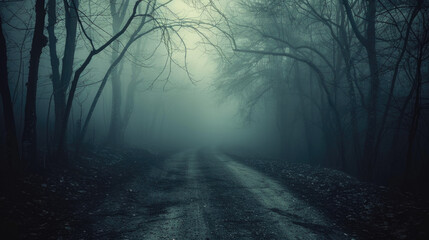 Eerie Misty Forest Path during Autumn Season