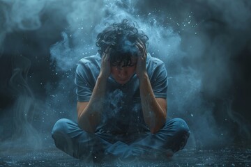 The image captures a man surrounded by smoke, lost in deep thoughts, creating a moody and introspective scene