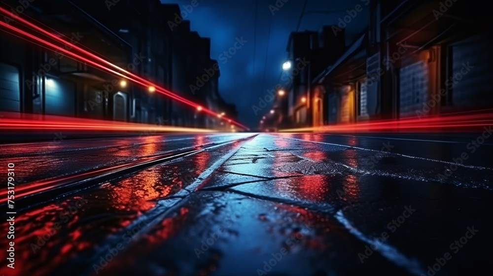 Wall mural a dark street scene with reflections of neon light on wet asphalt and rays of light creates an abstr