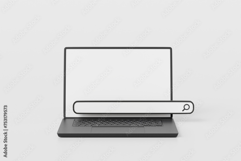 Poster 3d laptop computer with search bar icon. navigation and search, seo internet marketing concept. web 