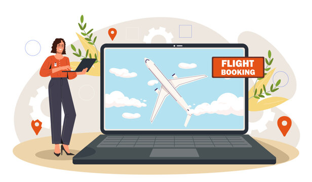 Flight booking concept. Woman near laptop with airplane. Tourism and travel. Holiday and vacation in tropical and exotic countries. Cartoon flat vector illustration isolated on white background
