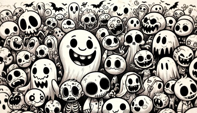 Gathering of Cartoon Ghosts and Skeletons