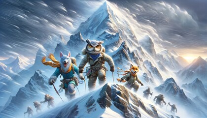 Animated Animal Adventurers Climbing a Snowy Mountain - obrazy, fototapety, plakaty