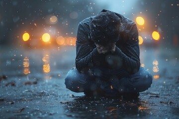 A somber image depicting an individual huddled on a wet ground, appearing sullen amidst falling rain and street lights