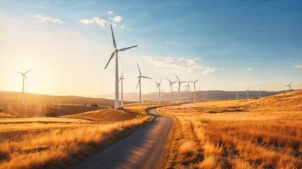 Golden hour at wind farm landscape - renewable energy and green technology concept with windmills