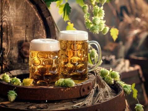 Traditional German Beer Mugs on Wooden Barrel with Hops