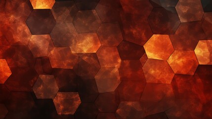 A fiery red, brown, burnt orange, and copper black abstract background features geometric shapes, color gradients, and a 3D effect, creating a visually dynamic and textured composition. - obrazy, fototapety, plakaty