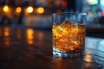 A close-up of a whiskey glass on a dark wooden bar counter with ice cubes and warm ambient lighting