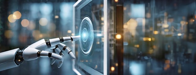 A robotic hand interacts with a holographic interface amid a futuristic setting. Advanced tech in database protection and security, the cyborg-like hand reaches towards innovation. Panorama.