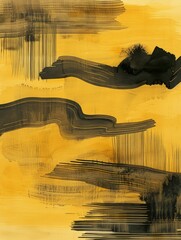 A dynamic abstract painting featuring bold black and yellow colors intermingling in a striking and vibrant composition.