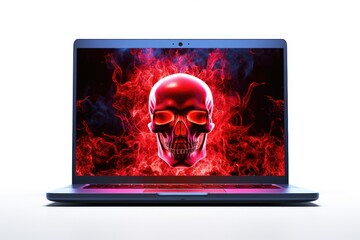 A radiant red skull emerges from a laptop screen, surrounded by a fiery digital mist, white studio background