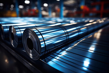 Shiny galvanized coil and sheets of metal on blur background of manufacturing workshop. - obrazy, fototapety, plakaty