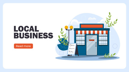 Naklejka premium Local business poster. Small shop or market. City infrastructure and architecture. Retail occupation and marketing, commerce. Landing webpage design. Cartoon flat vector illustration