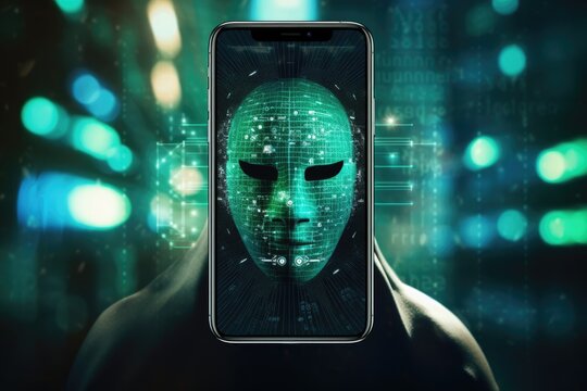 A smartphone screen displays a digital mask embedded with code, epitomizing the blend of artificial intelligence and cybersecurity