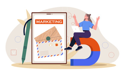 Woman with marketing. Young girl sitting at magnet near smartphone. Marketer, SMM and SEO specialist with mail. Promotion on internet and social networks. Cartoon flat vector illustration