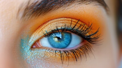 Close Up of Persons Blue Eye With Orange and Blue Makeup