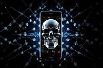 Digital skull on a smartphone screen, surrounded by interconnected nodes, symbolizing the complex and hidden networks of the darknet