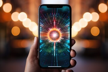 Hand holding a smartphone displaying a dynamic hyperdrive effect, with vibrant beams of light emanating from a central point