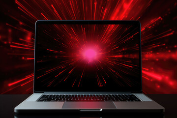 Laptop with its screen displaying an intense burst of red light rays, symbolizing high speed data transmission or digital acceleration