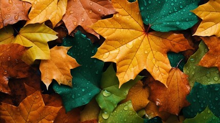 Naklejka na ściany i meble A green background with autumn leaves colors is perfect for seasonal use, offering a natural and vibrant backdrop.