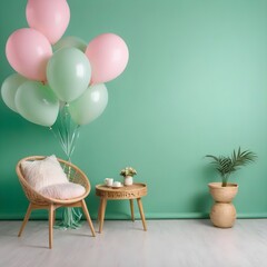 A pastel green background with balloon decorations is suitable for product photos