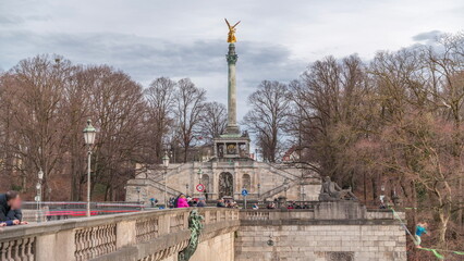 Peace Column with golden Angel of Peace statue timelapse. Germany, Munich