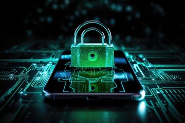 Smartphone showcases a glowing, matrix style digital padlock, epitomizing the pinnacle of cybersecurity technology in the digital age