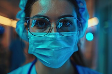 A woman wearing a surgical mask and glasses, protecting herself against potential airborne pathogens. She appears cautious and health-conscious, following safety guidelines - obrazy, fototapety, plakaty