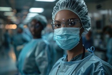 doctors and nurses in action, with dramatic lighting and a heroic stance to emphasize their dedication and bravery - obrazy, fototapety, plakaty