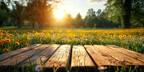 Naklejka premium Sunset Meadow View from Wooden Table - Tranquil Summer Field with Daisy Blooms and Warm Sun Rays