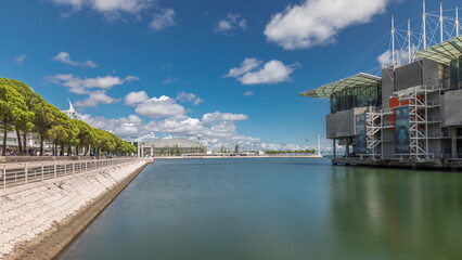 Panorama showing Lisbon Oceanarium timelapse, located in the Park of Nations.