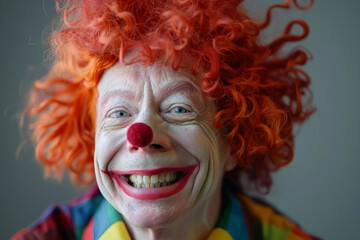 A man with red hair and a red nose is smiling and wearing a colorful shirt. He looks happy and cheerful. funny man clown, April Fool, circus performer, pantomime artist, red curly wig, wide smile