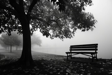 Fototapeta na wymiar A Tranquil Autumn Scene with a Bench in a Foggy Park.
