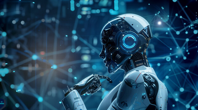 Robot futuriste se d&eacute;signant du doigt