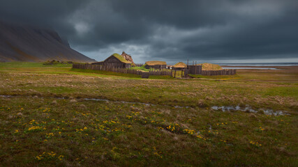 Abandoned viking village film set at stormy weather
