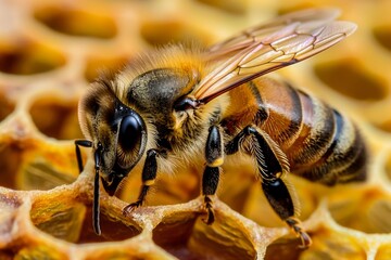 A Detailed Close-Up of a Worker Bee on a Honeycomb