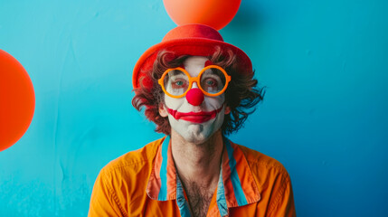 A man with red hair and a red nose is smiling and wearing a colorful shirt. He looks happy and cheerful. funny man clown, April Fool, circus performer, pantomime artist, red curly wig, wide smile