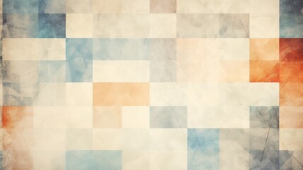 A grungy and grainy bleached abstract color background is composed of intersecting geometric figures, showcasing a vintage paper texture in a square shape.