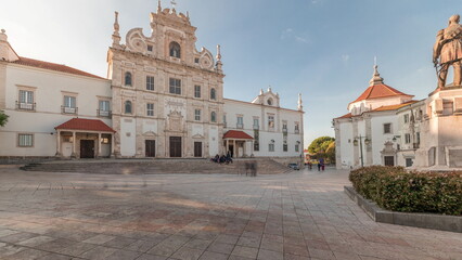 Panorama showing Sa da Bandeira Square with a view of the Santarem See Cathedral timelapse. Portugal