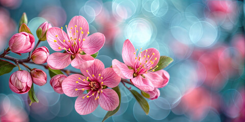 Fototapeta na wymiar Pink Flowers with Blue Bokeh Background in Spring