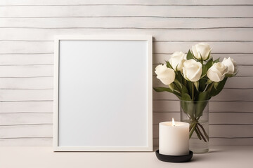 white picture frame white roses white candle striped background copy space