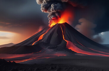 Volcanic eruption and fiery lava